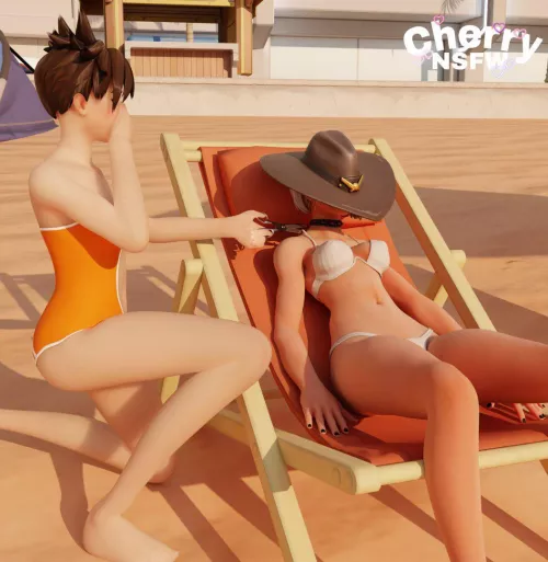 Ashe is brave napping around tracer (Cherrynsfw)