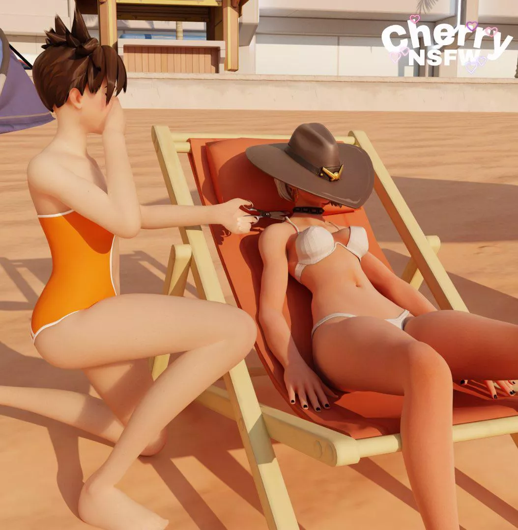 Ashe is brave napping around tracer (Cherrynsfw)
