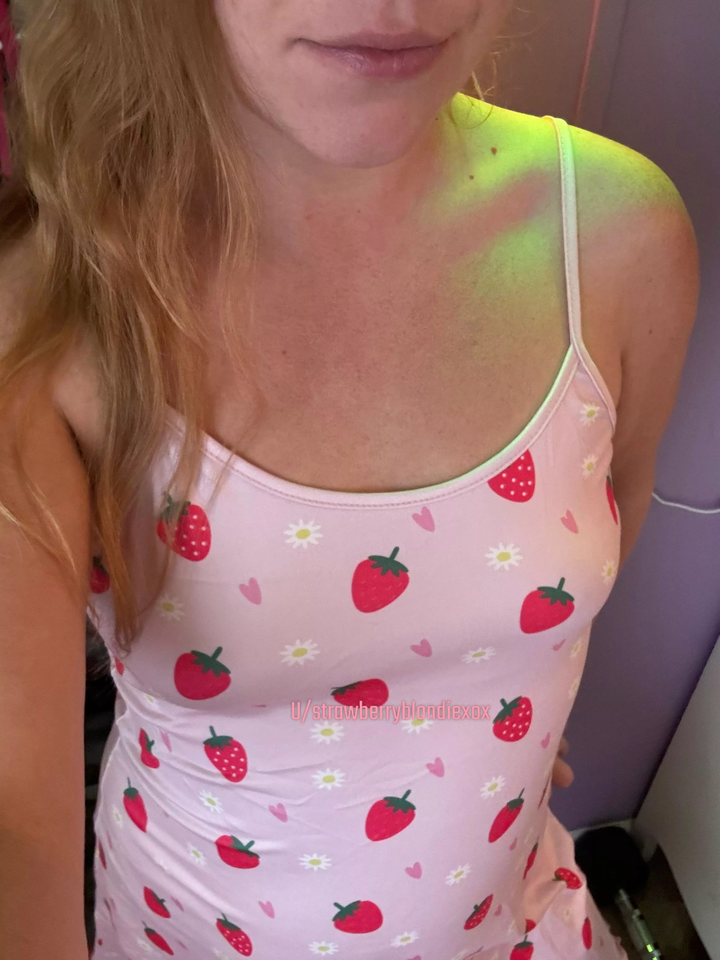 Braless in my strawberry dress. 