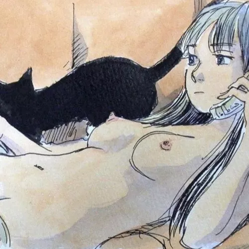 LF Color Source: Sketch, Rough sketch, white hair, black cat, emotionless, breasts, phone, talking on the phone, lying down, face