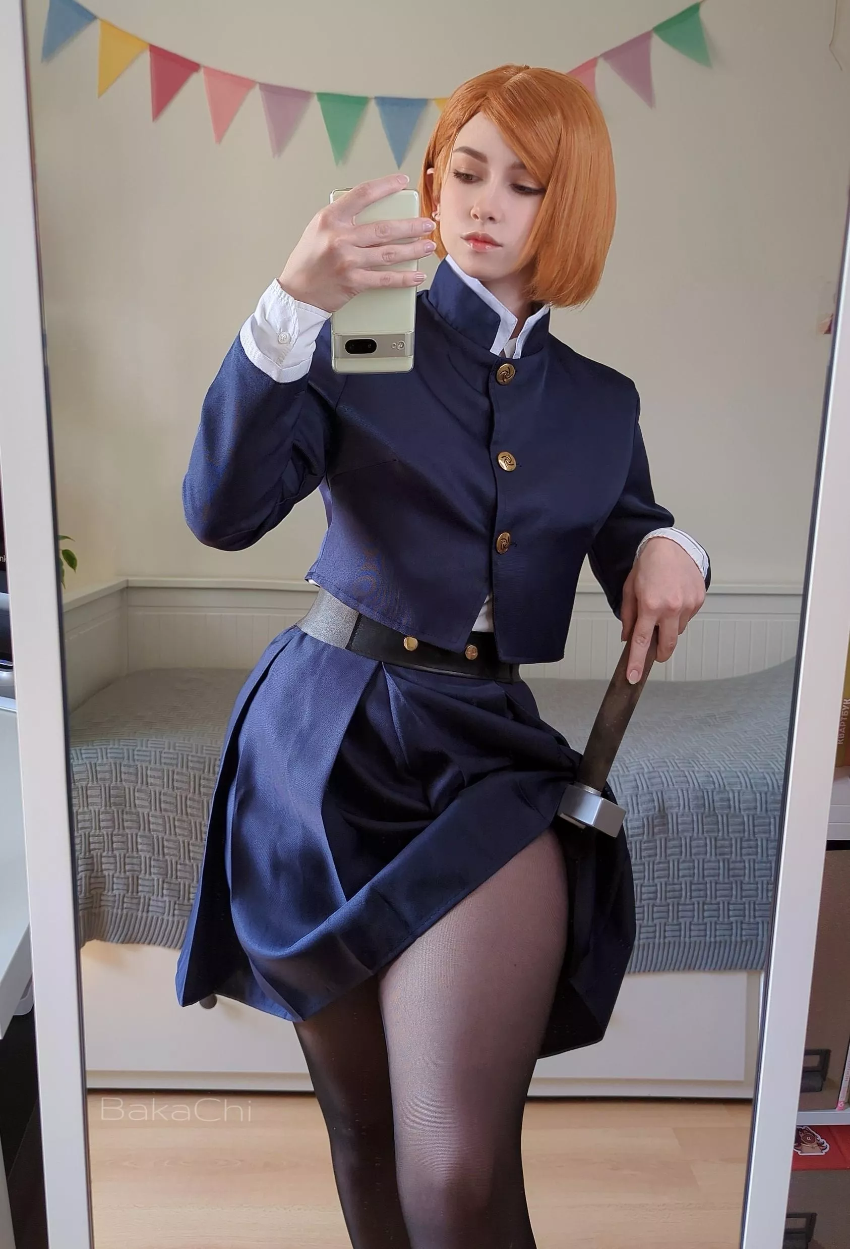 Teasing Nobara shows off her luscious legs in tights