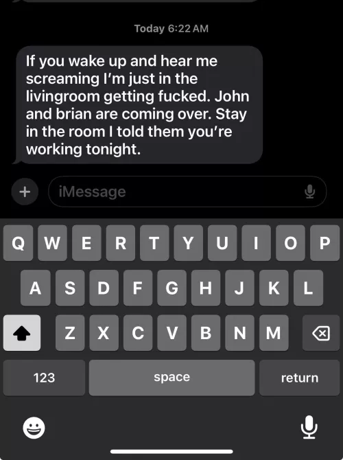 I’m doing lines in my living room waiting on two guys to come fuck me in my living room while my husband is asleep. I can care less if she wakes up he’s LOCKED!!