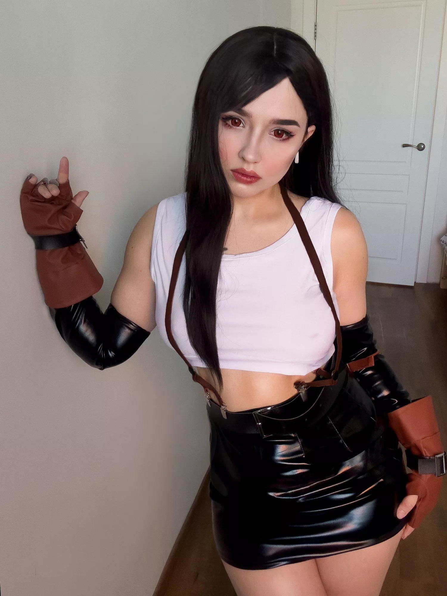 Cute in wearing a black tight dress