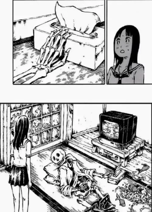 LF Mono Source, 1girl, Skeleton, Implied Masturbation, Tissue, Tissue Box, Television