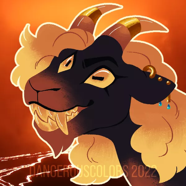 [OC] Quick lineless piece of my sona VAIN from 2022! He's a demon made of gold and volcanic sand that crawled out a volcano one day and acts as a prophet of disaster.