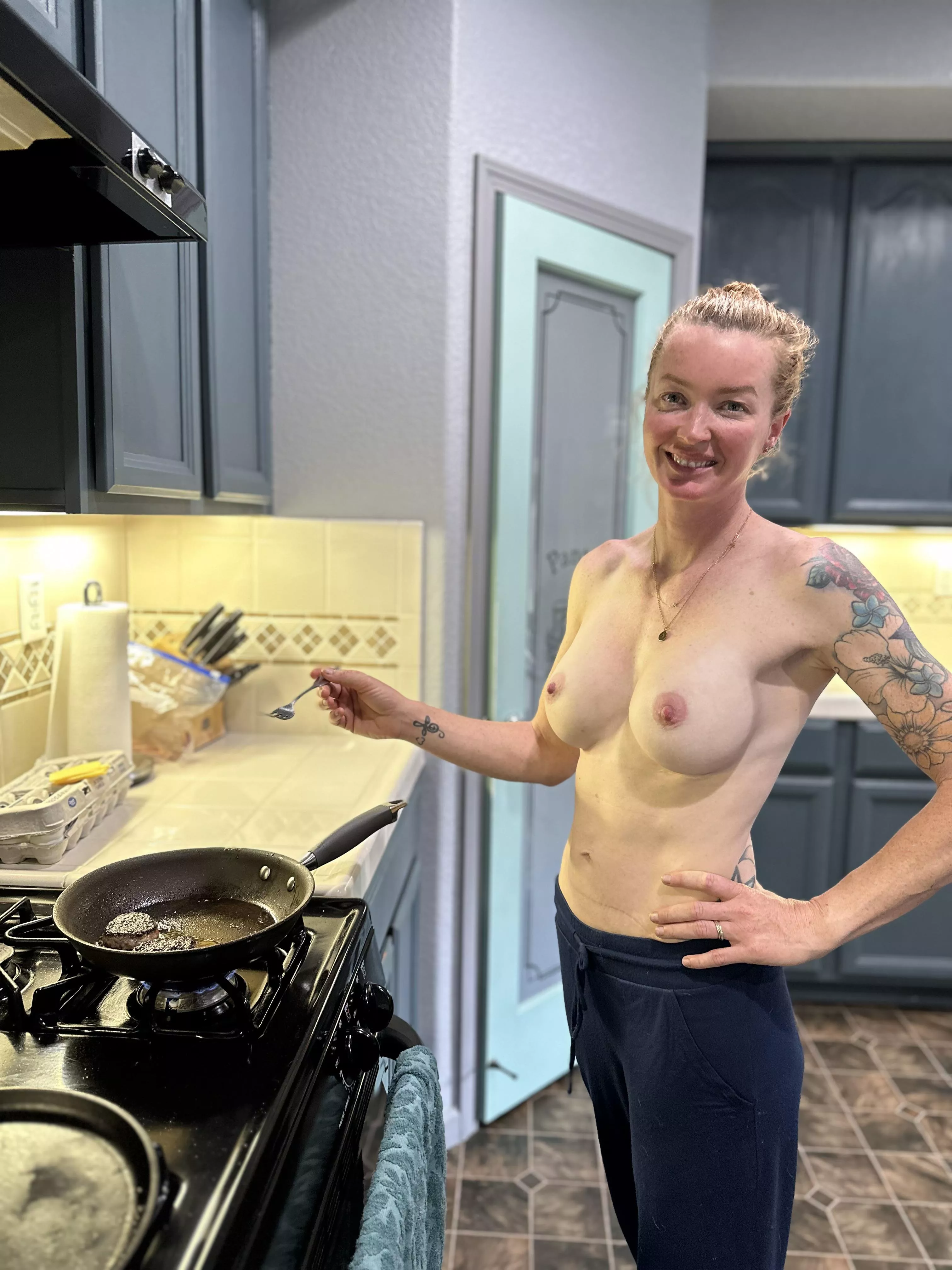 You come down and your friend’s mom is cooking you breakfast like this. Next step is… (F34)