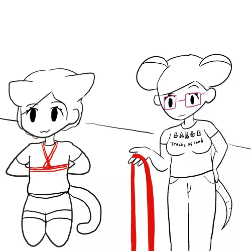 Cat boy disassociating while his Mouse girlfriend ties him up