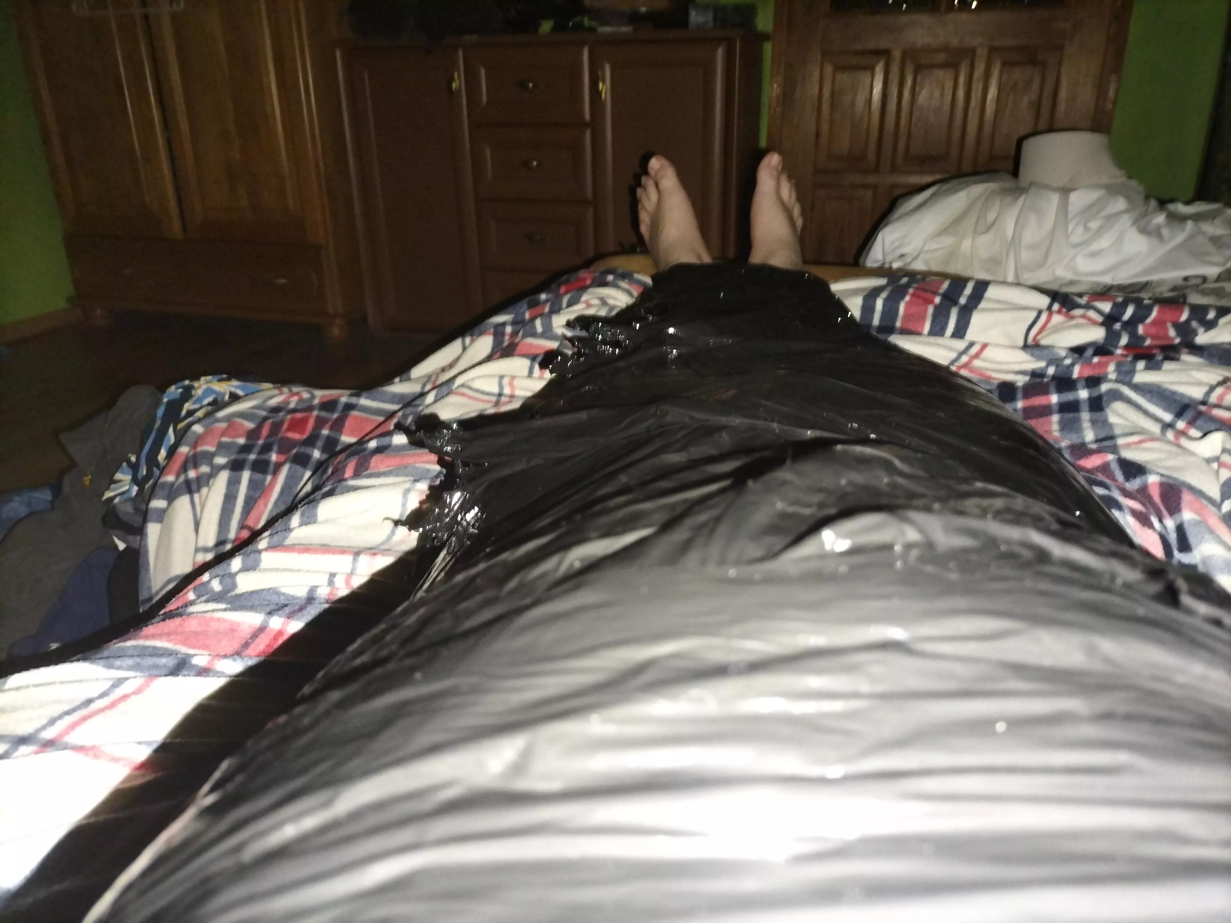 First time fully naked in two layers of pallet wrap. I mummified myself of course. Would love to be someone's plaything rn