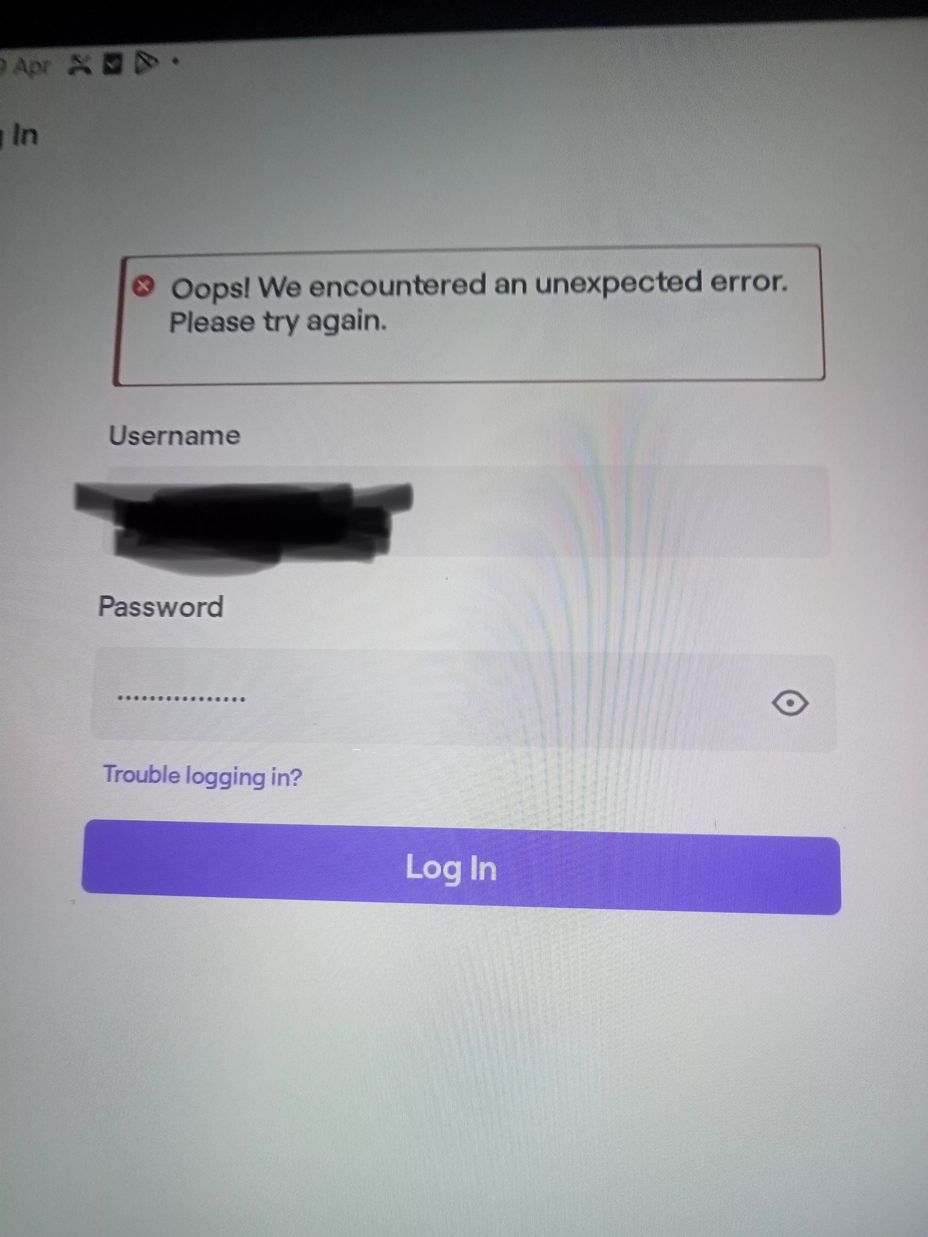 I get this error when trying to log in on the android tablet I just got 