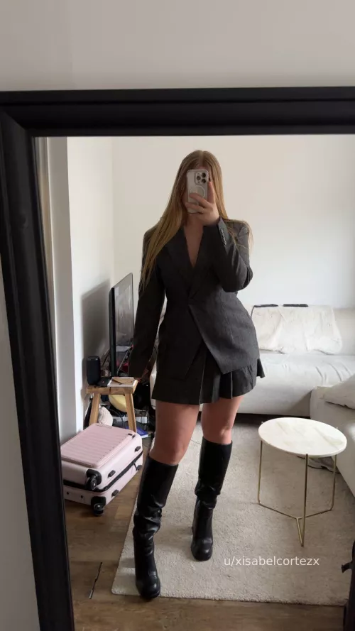 I like to wear leather boots under my office outfit