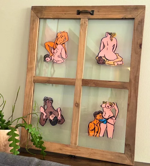 I love filling my new place with kinky art ❤️ I made this one after finding the window in a thrift store. Please recommend any kinky artists!
