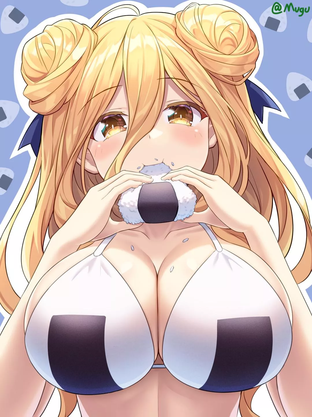 Eating a big onigiri