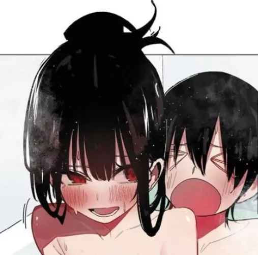 LF color source: 1girl, 1boy, femdom, sweat, black hair, bare shoulders, panting, red eyes, bangs, hairbun, blushing