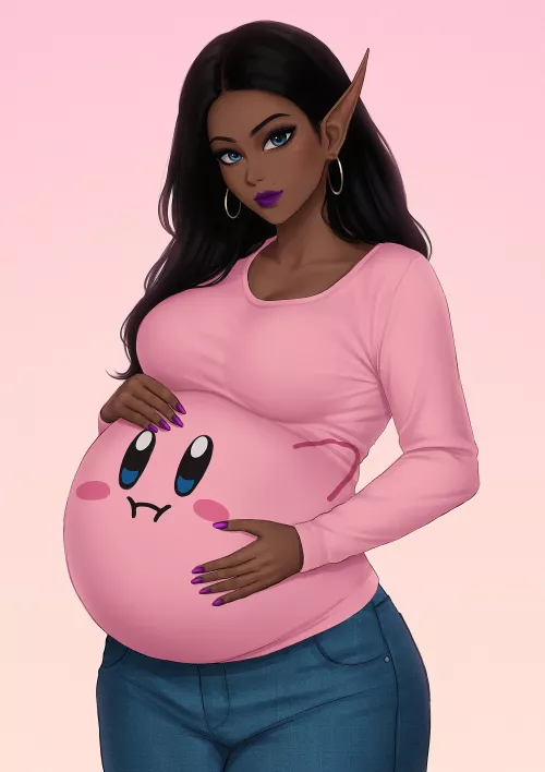 My OC Iris looking very cute and sexy with her amazing baby bump looking like Kirby mid-flight! 😍 Drawn and painted by the very talented umigraphics! Link to his page below. This is my second Kirby com. This time from the original artist that came to 