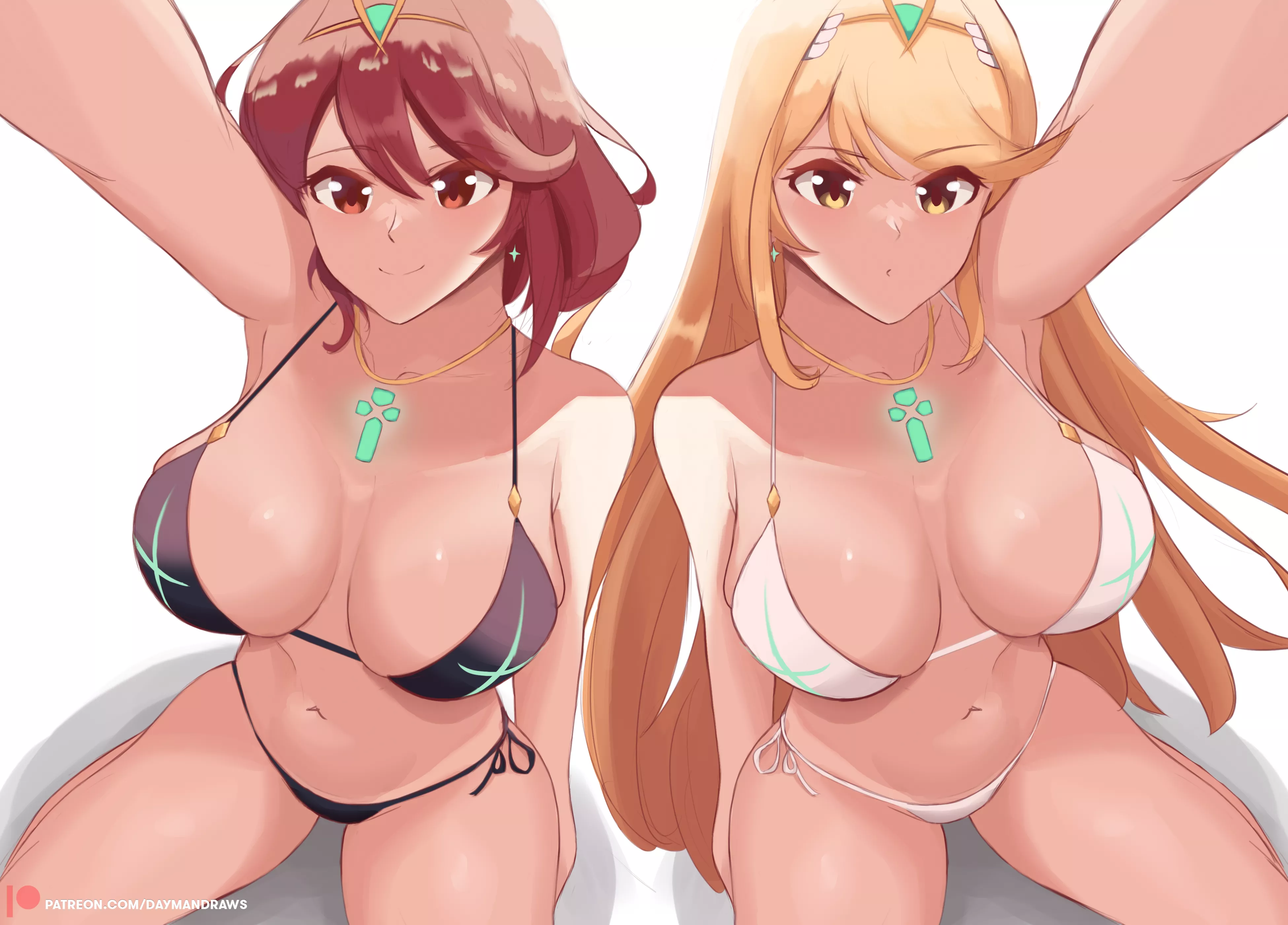 Pyra & Mythra in their Aegis swimsuits