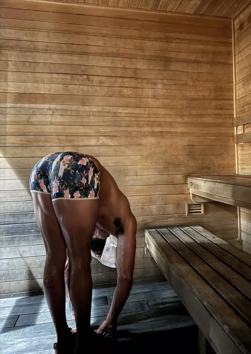 Stretching in the sauna