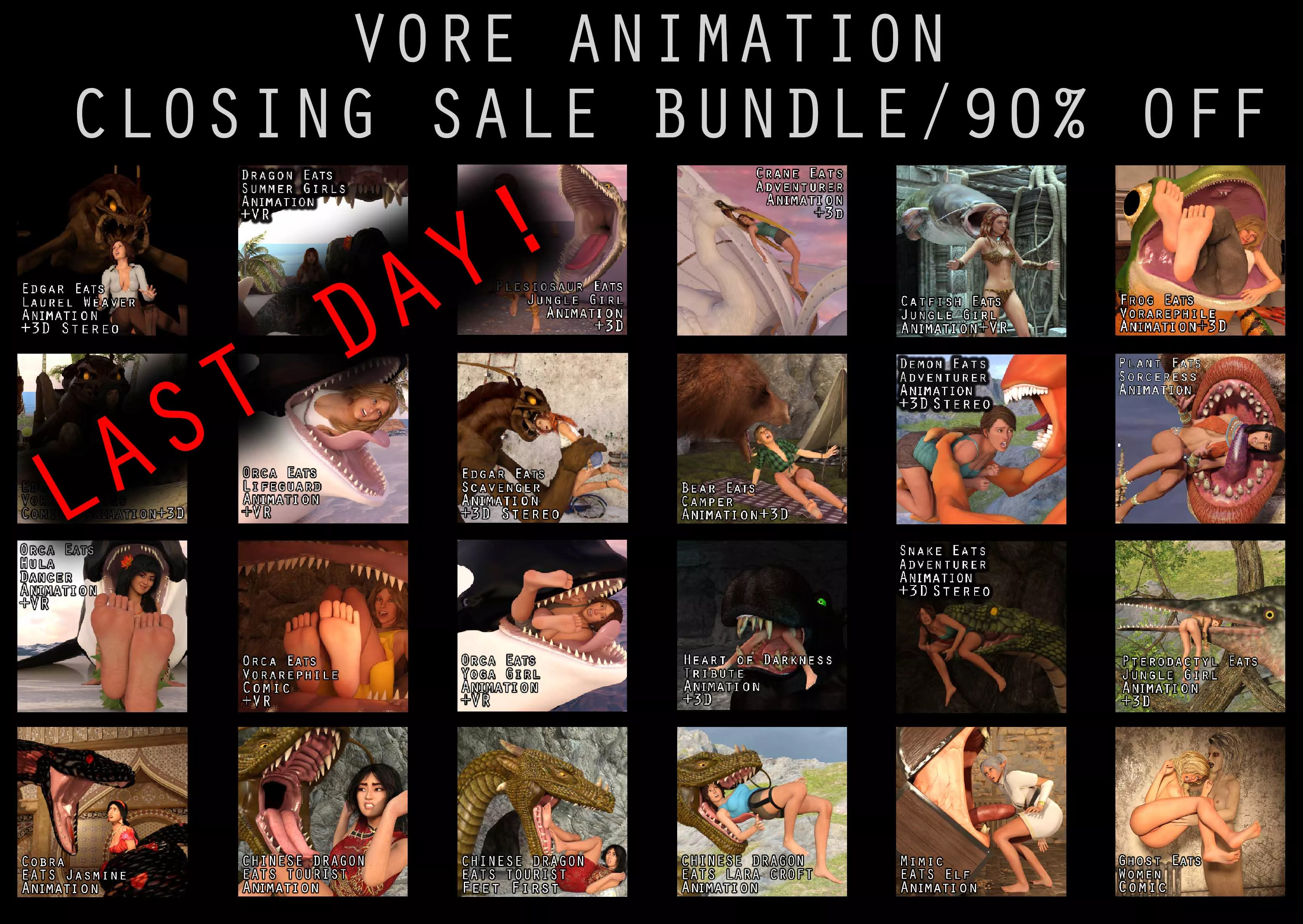 {Video} LAST DAY 90% OFF! Vore Animation Closing Sale(?/Non-Human Preds)(F/Human)(Soft)(Oral)(unwilling)(nsfw)(OC: WormsignVore Animations) 