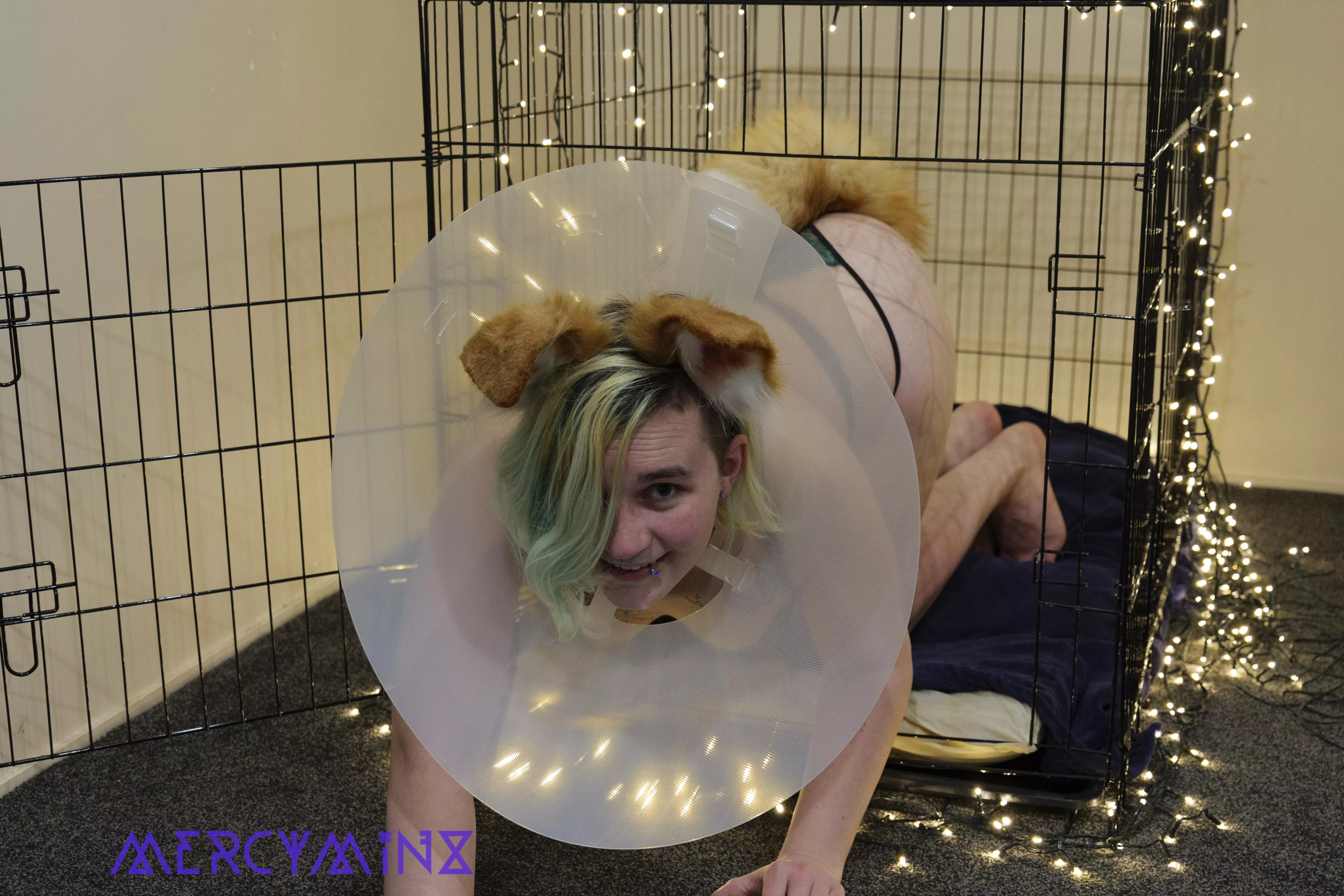 First the cone so I can't kiss then in the cage! [F]