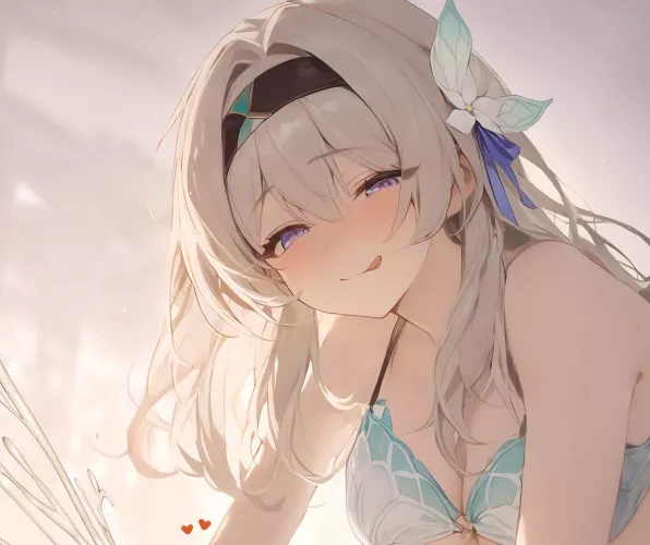 LF Color Source: 1girl, heart, gray hair, headband, long hair, bra, clouds, sexually suggestive, tongue out, blushing, purple eyes, Honkai Star Rail, Firefly (Honkai Star Rail), cleavage, shoulders, flower ribbon, white liquid