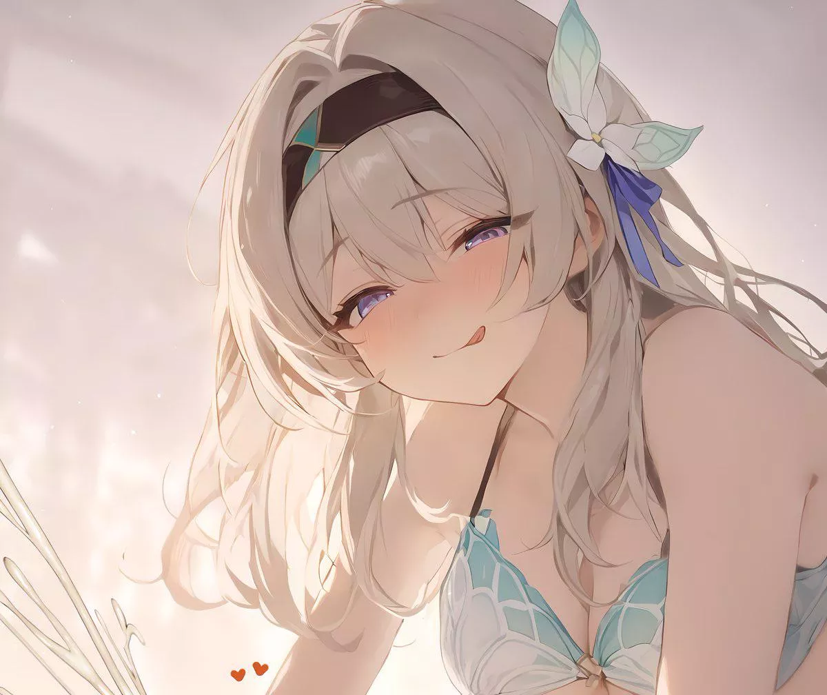 LF Color Source: 1girl, heart, gray hair, headband, long hair, bra, clouds, sexually suggestive, tongue out, blushing, purple eyes, Honkai Star Rail, Firefly (Honkai Star Rail), cleavage, shoulders, flower ribbon, white liquid