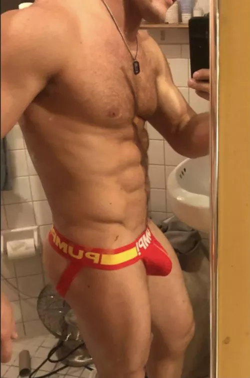 Fiery red jockstrap from PUMP! Like how it fits me? I'm a fiery man.