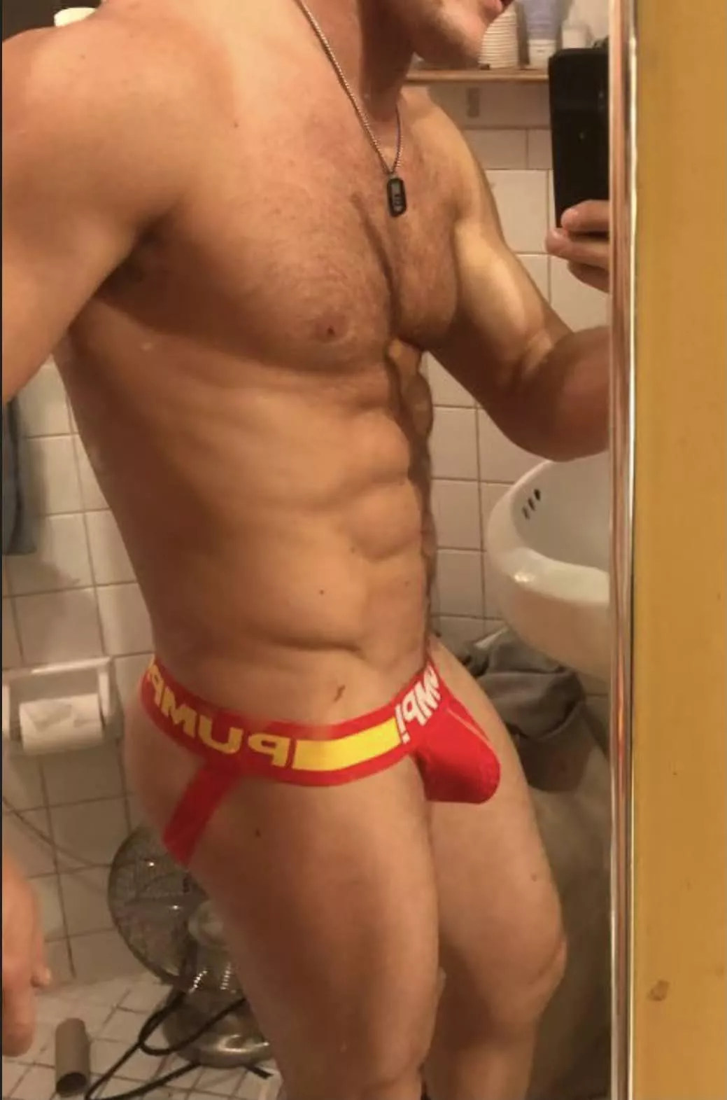Fiery red jockstrap from PUMP! Like how it fits me? I'm a fiery man.