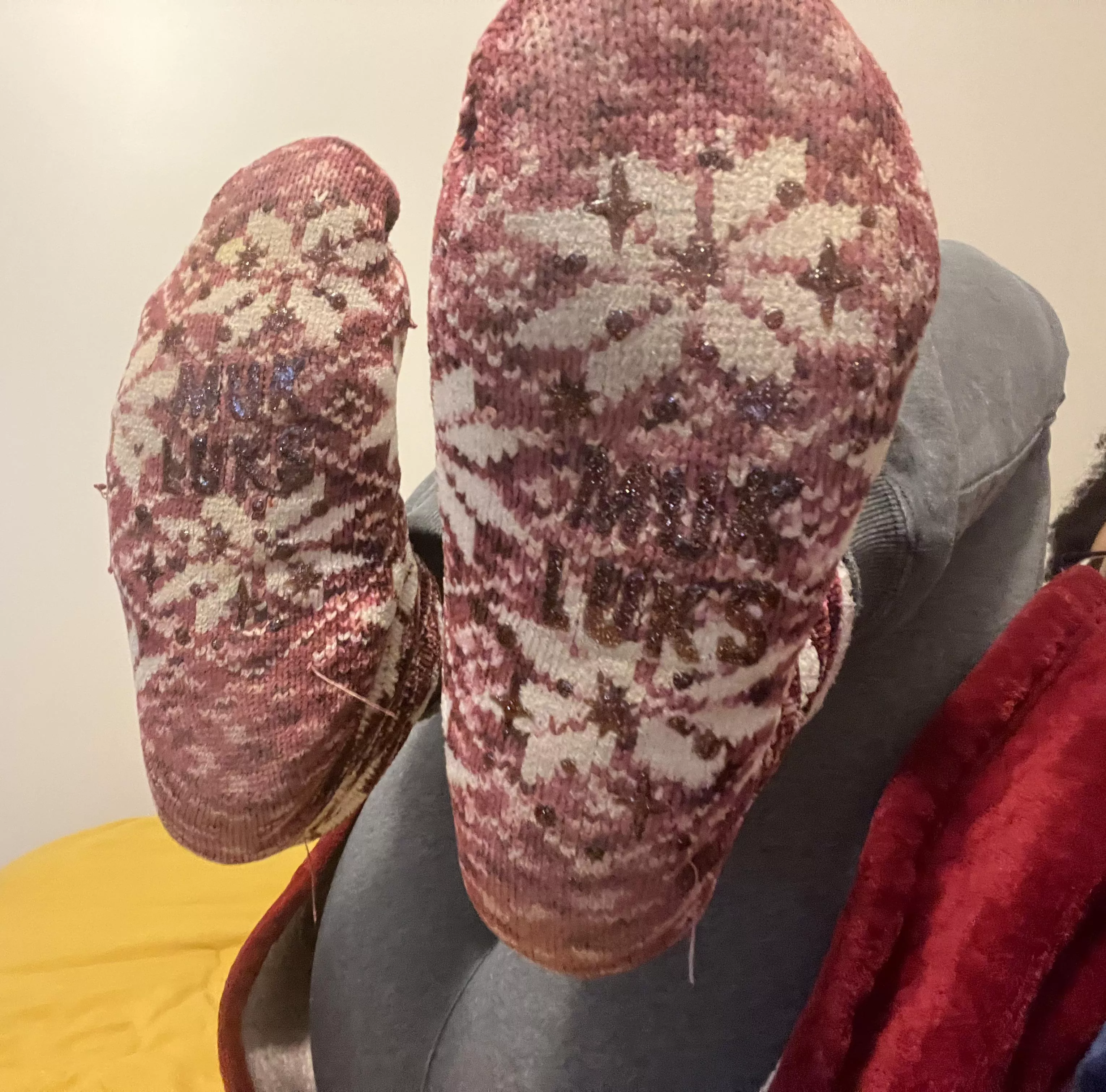 My frayed, dirty Christmas socks. They keep me warm!    🧸♥️