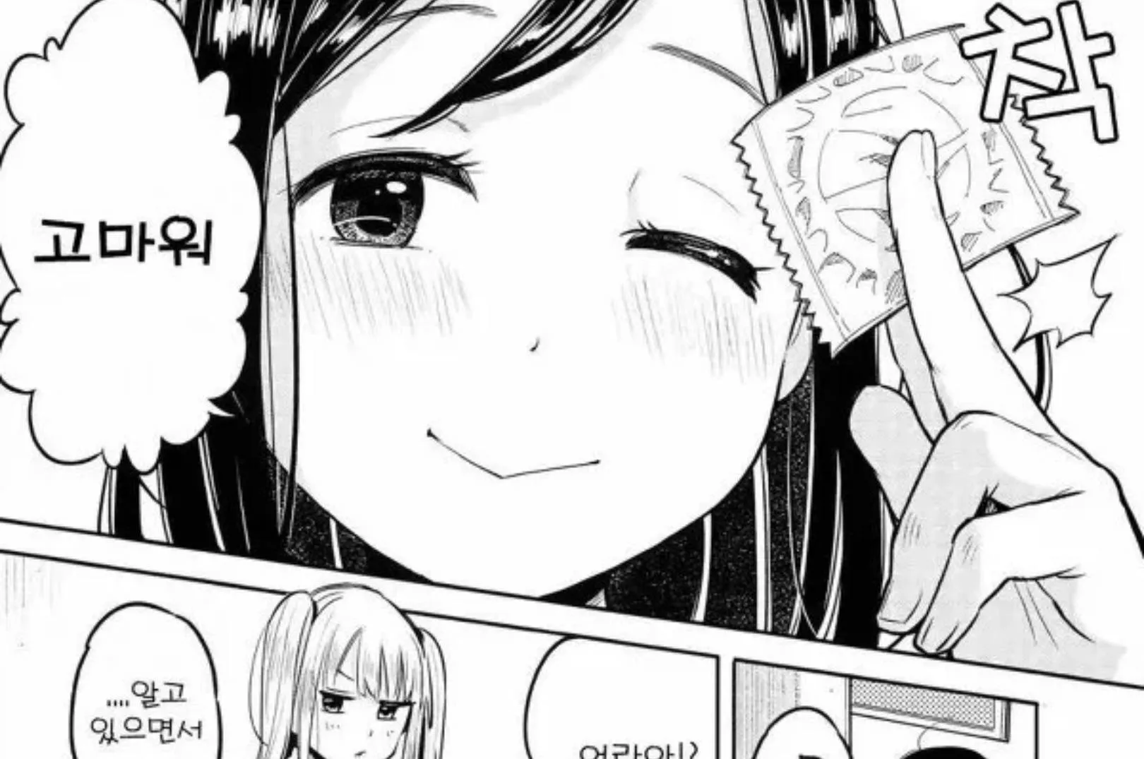 LF mono source: foreign text, black hair, smiling, condom, blushing, twin tails, 2girl