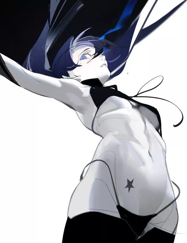 Lf color source: 1girl ,blue hair , blue eyes, bikini, tattoo, star tattoo, black rock shooter(I think?) 