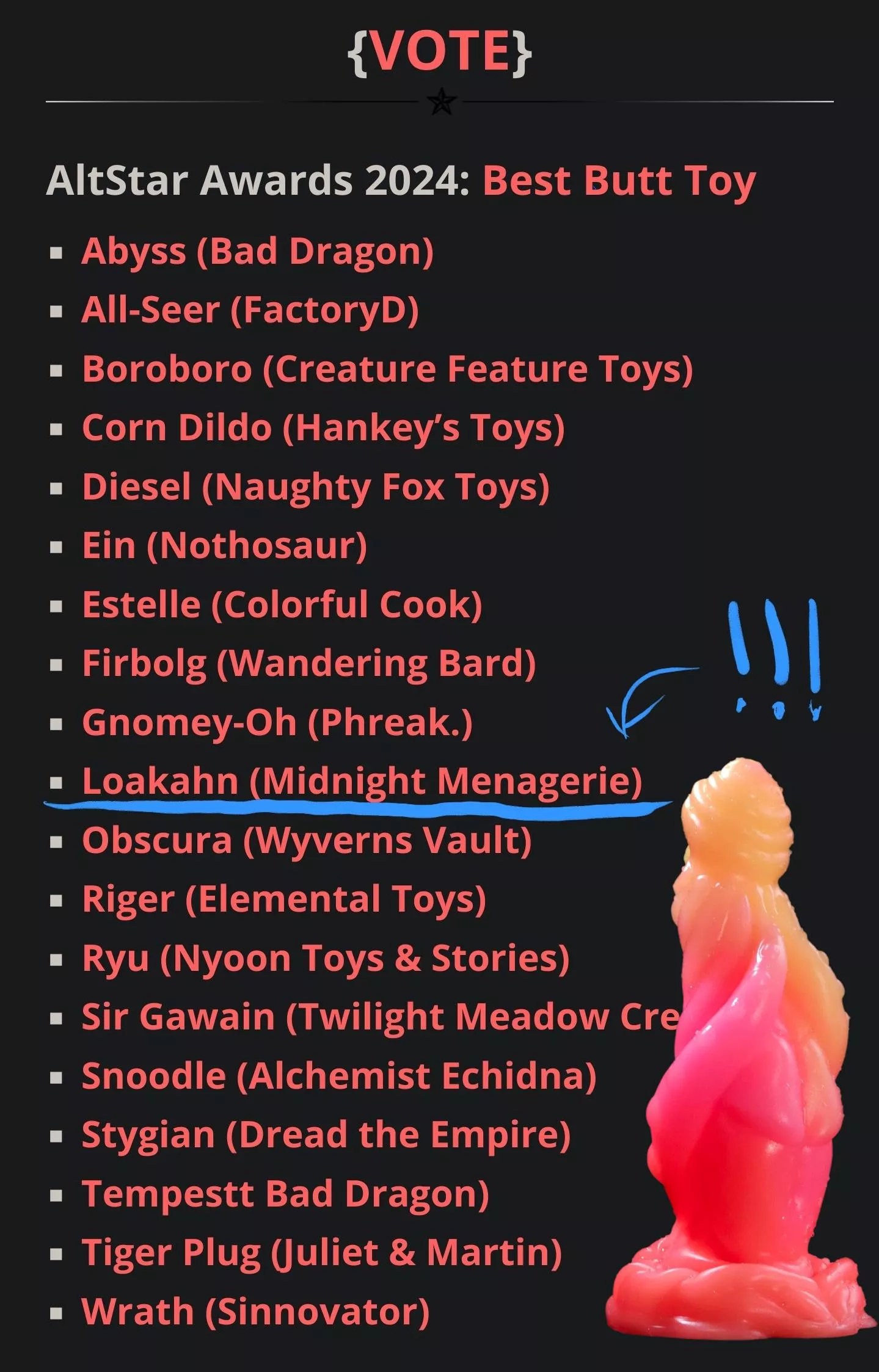 Our Loakahn toy got nominated for the AltPornNet awards! 