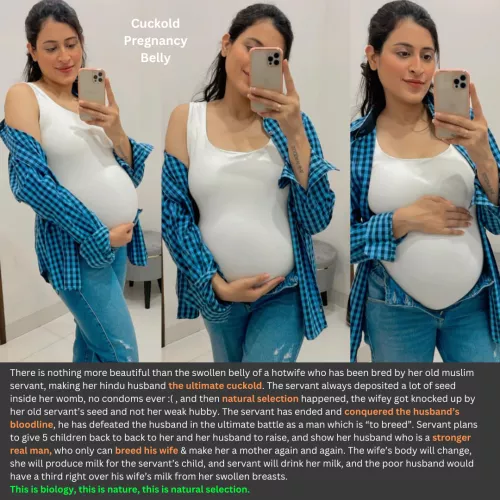 Cuckold Pregnant Belly is the most beautiful thing ever. The bull's seed has conquered her body, ended husband's bloodline, but still made the husband a proud cuckold father.