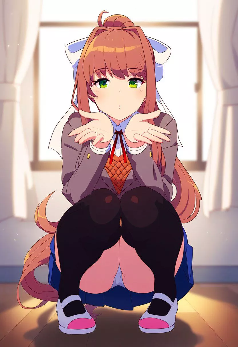 Just Monika stooping down