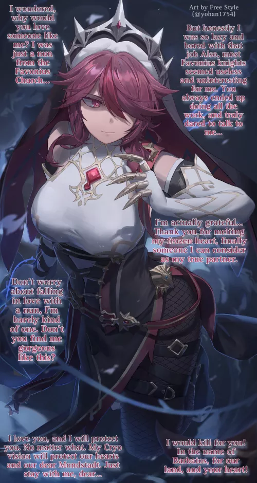 You’re a lucky Favonius knight [Rosaria] [Genshin Impact] [Nun] [No sex] [Romance] [Yandere? Kuudere?]