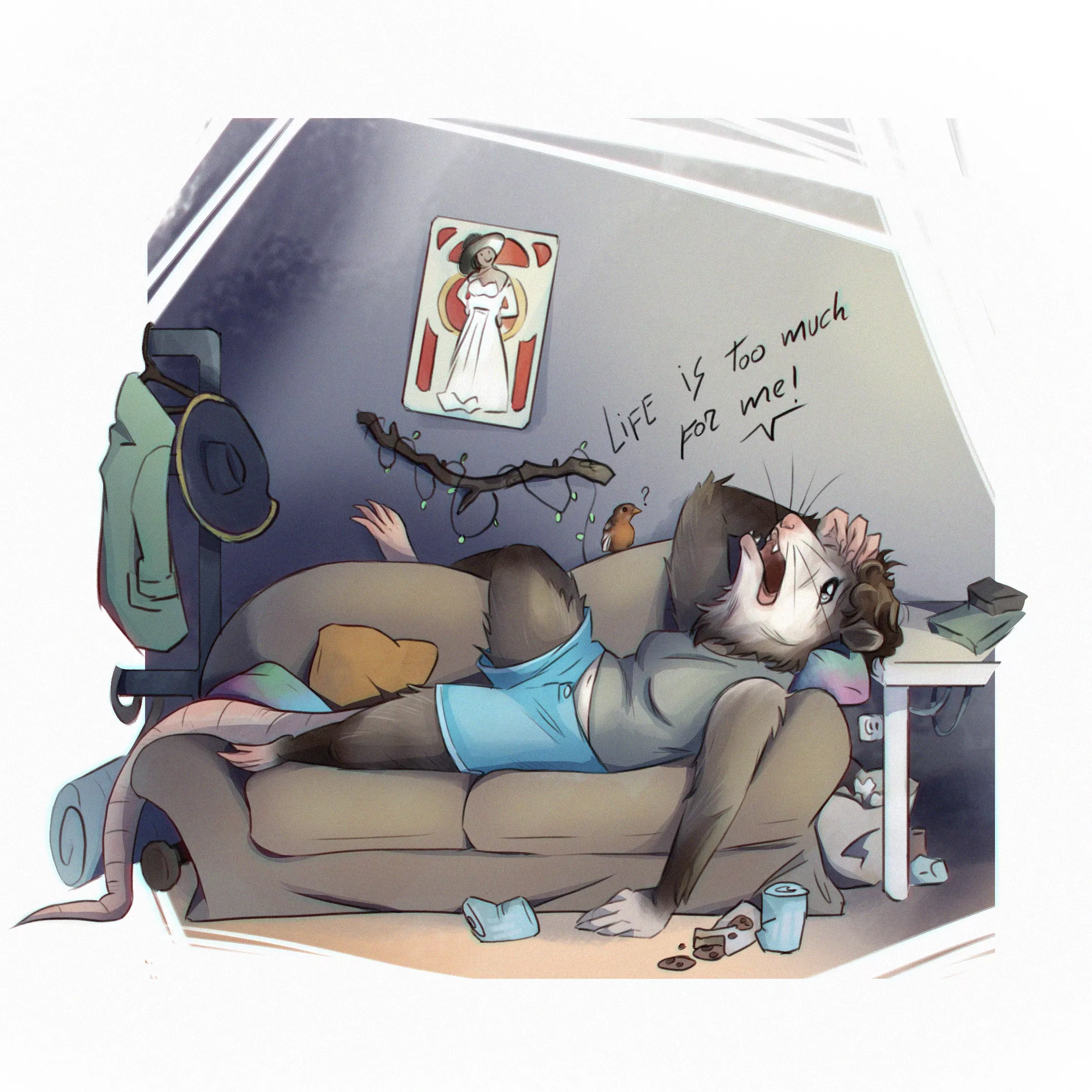 Finally, my own fursona is done. Just a depressed opossum dealing with life :D