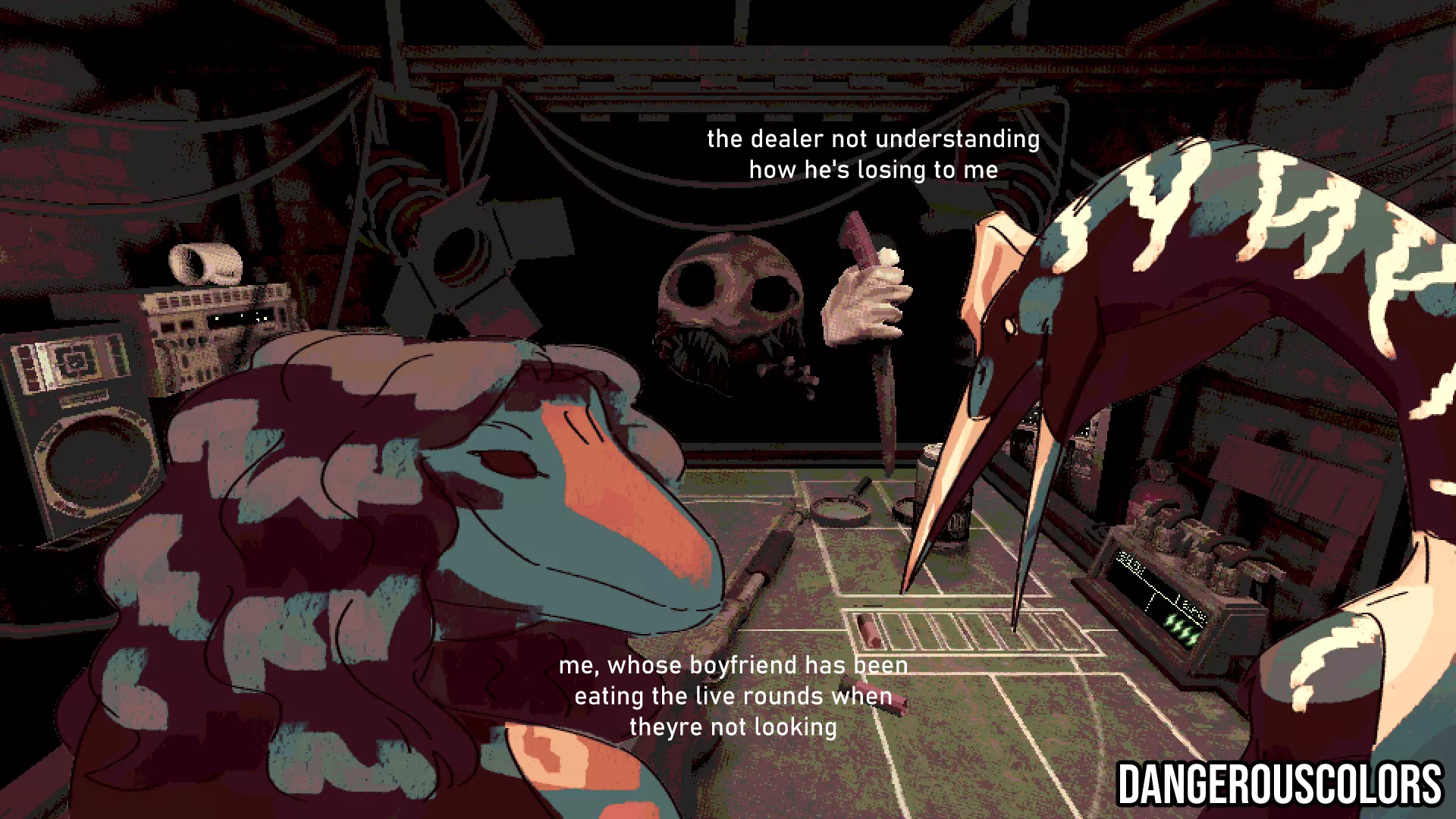 [OC] Incredibly goofy thing I made after playing Buckshot Roulette with my boyfriend and winning every single time (he's the basilosaurus and I'm the quetzalcoatlus!)