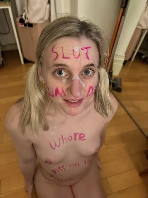 Prettiest on my knees with cum dump written on my face