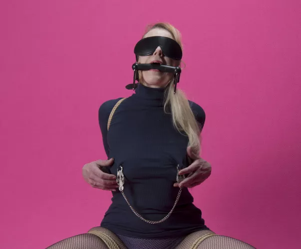 Gagged, tied, and some delightful nipple clamps for a good time. [F]