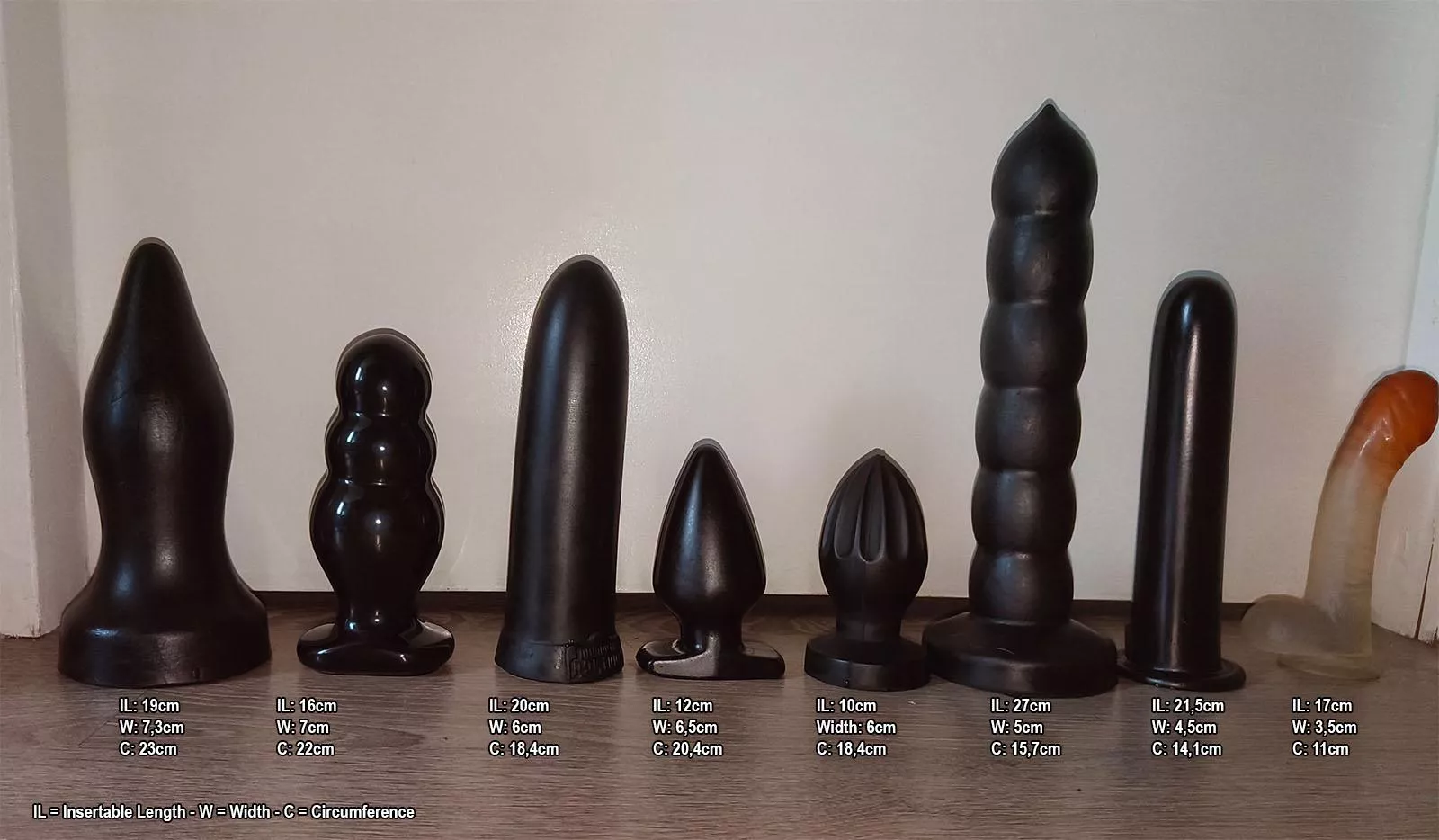 My dildo collection with their respectable sizes beneath each one of them