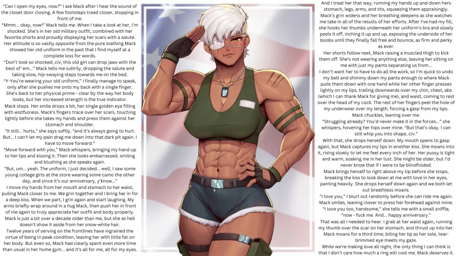 [Older Veteran Girlfriend with Muscles & Eyepatch] Has [Wholesome Anniversary Cowgirl Sex] with [Male Reader], in [Old Military Uniform]. [Healed War Trauma] and [Marriage] are discussed; [Slight Muscle Worship] also present. Artist is [SpeedL00ver].