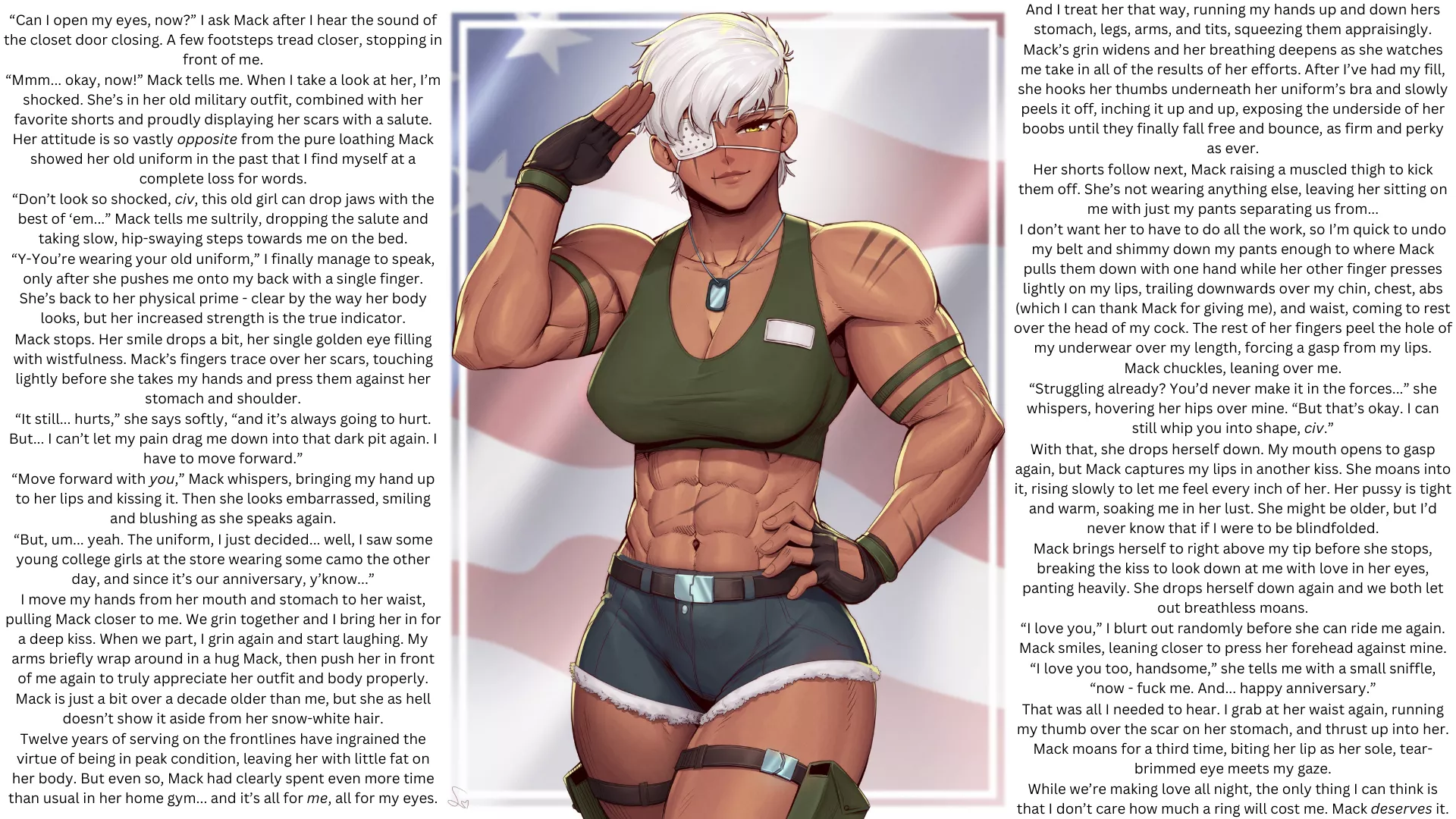 [Older Veteran Girlfriend with Muscles & Eyepatch] Has [Wholesome Anniversary Cowgirl Sex] with [Male Reader], in [Old Military Uniform]. [Healed War Trauma] and [Marriage] are discussed; [Slight Muscle Worship] also present. Artist is [SpeedL00ver].