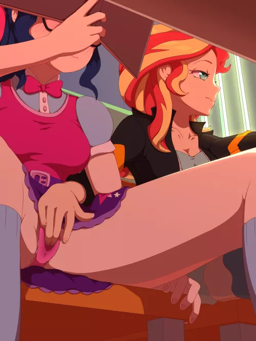 Sunset Shimmer and Twilight Sparkle being naughty during class (Rockset)