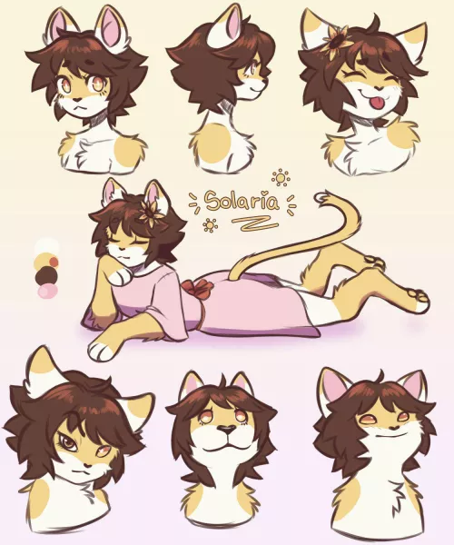 I made some sketches of my fursona, Solaria:3 She loves to sleep and she likes sunflowers 🌻☀️