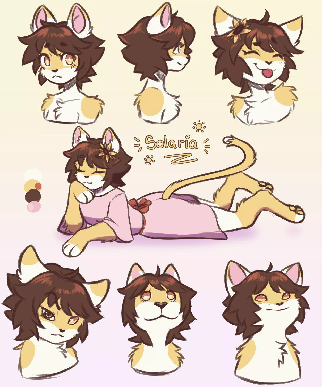 I made some sketches of my fursona, Solaria:3 She loves to sleep and she likes sunflowers 🌻☀️