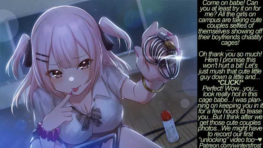 She just wants you to try it on~♥ This definitely won't become a future addiction for either of you, promise...[chastity] [girlfriend] 