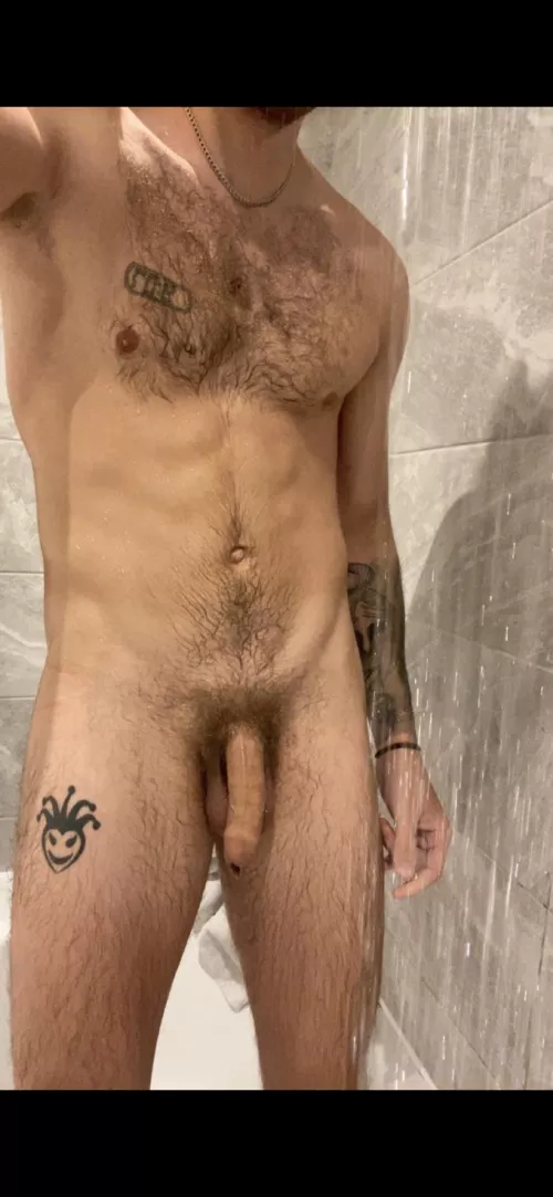 Watch what will happen when my cock gets big and I use the shower head on you