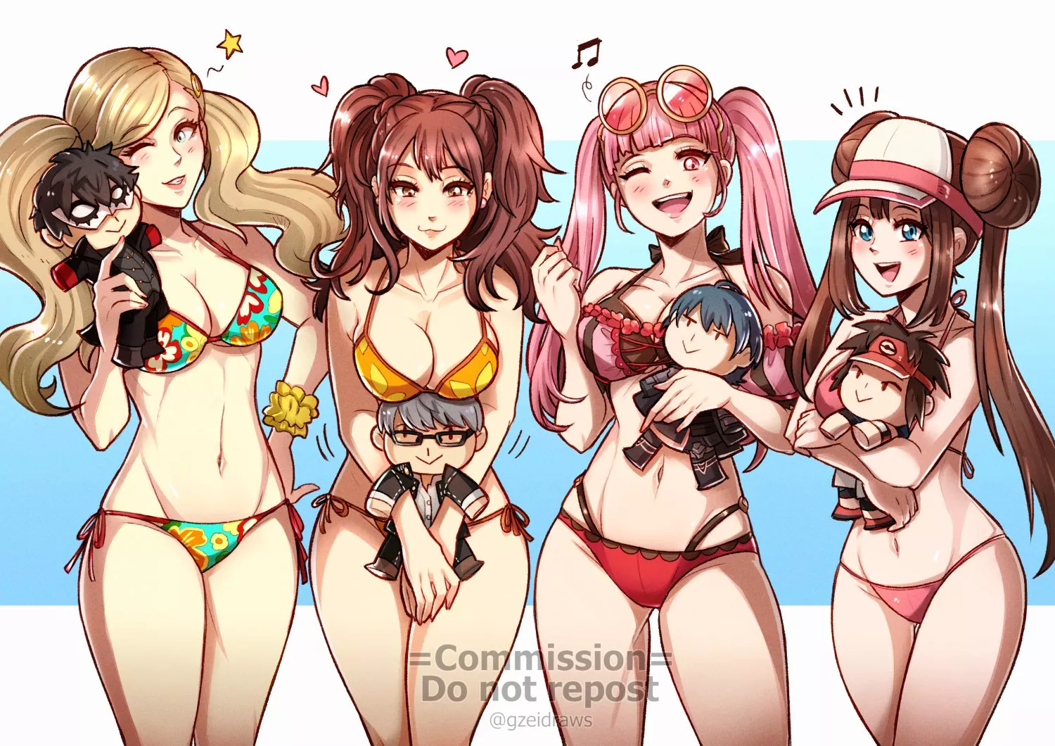 Commissioned bikini Hilda and her fellow twintail girls Ann, Rise and Rosa holding plushies of their boyfriends (Gzeidraws)