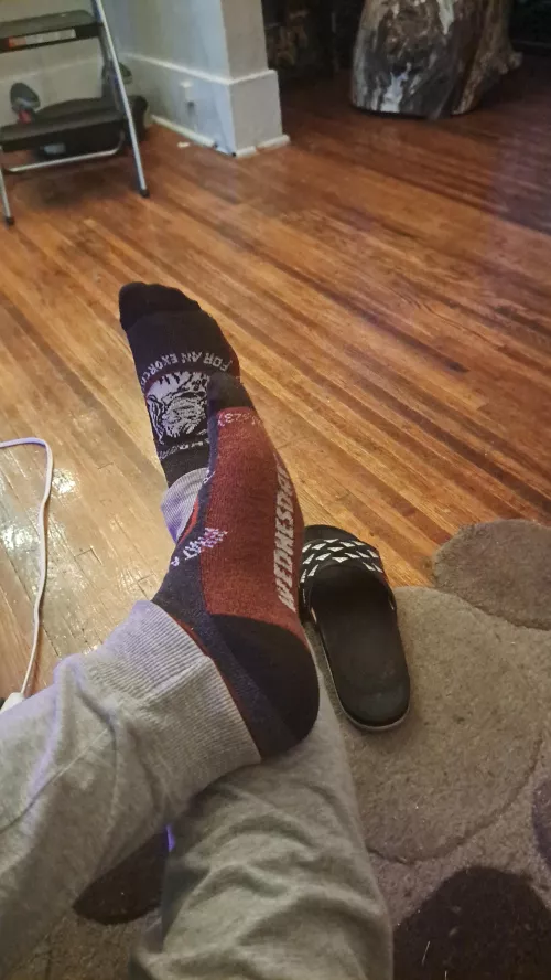 Dirty work socks! I work outdoors landscaping so I wear boots and my feet & socks get very sweaty & filthy ! 3 day wear