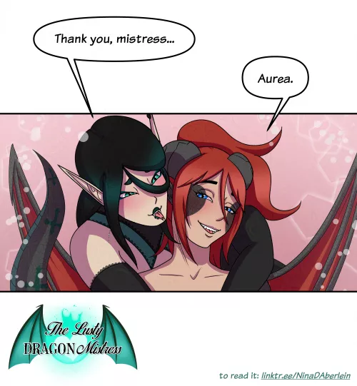 Emerald the lamia cozing up to Aurea the Lusty Dragon Mistress (comic panel)
