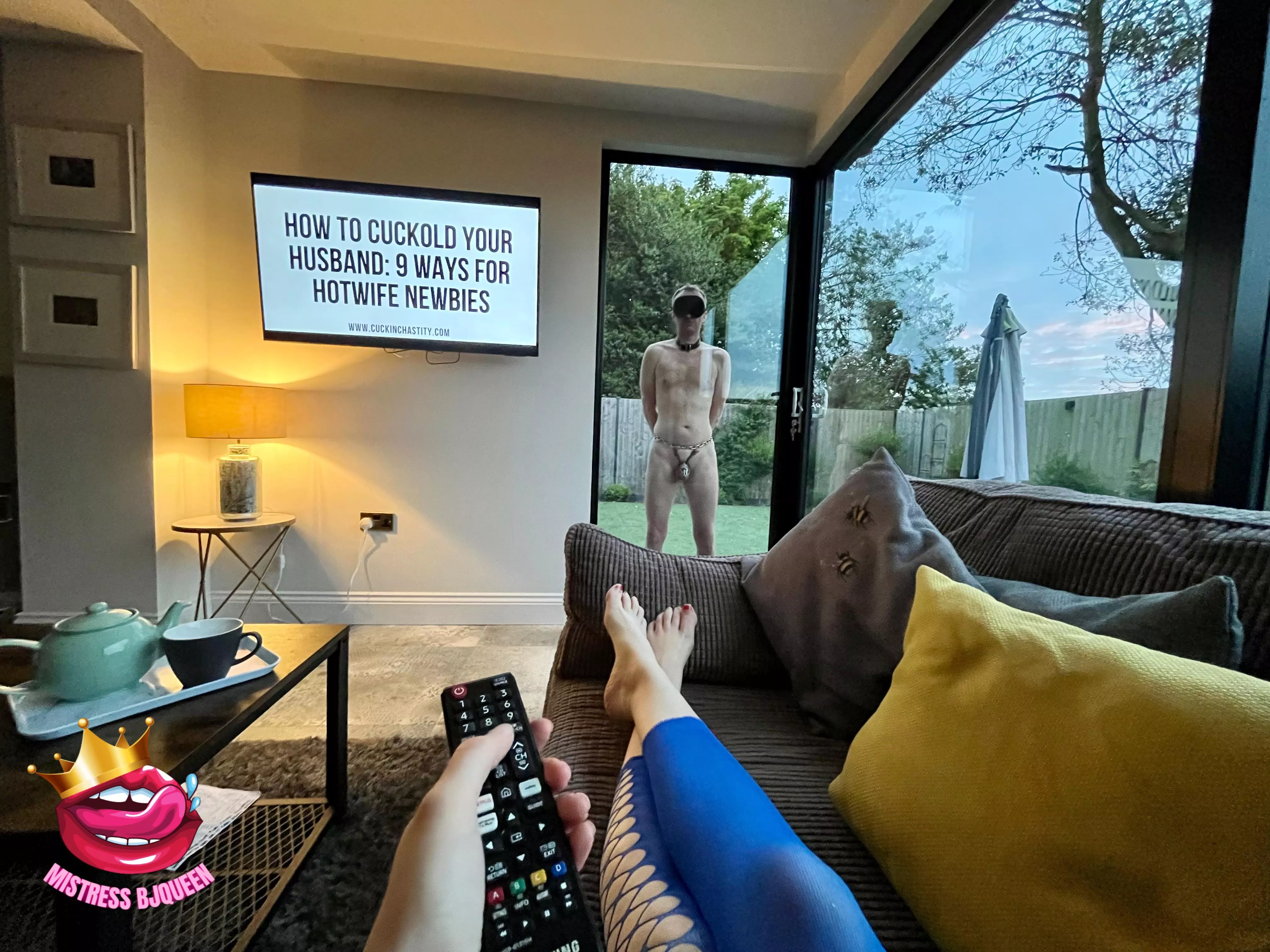 Having a bit of downtime and doing some research while my chastity sub enjoys his downtime outside [domme]