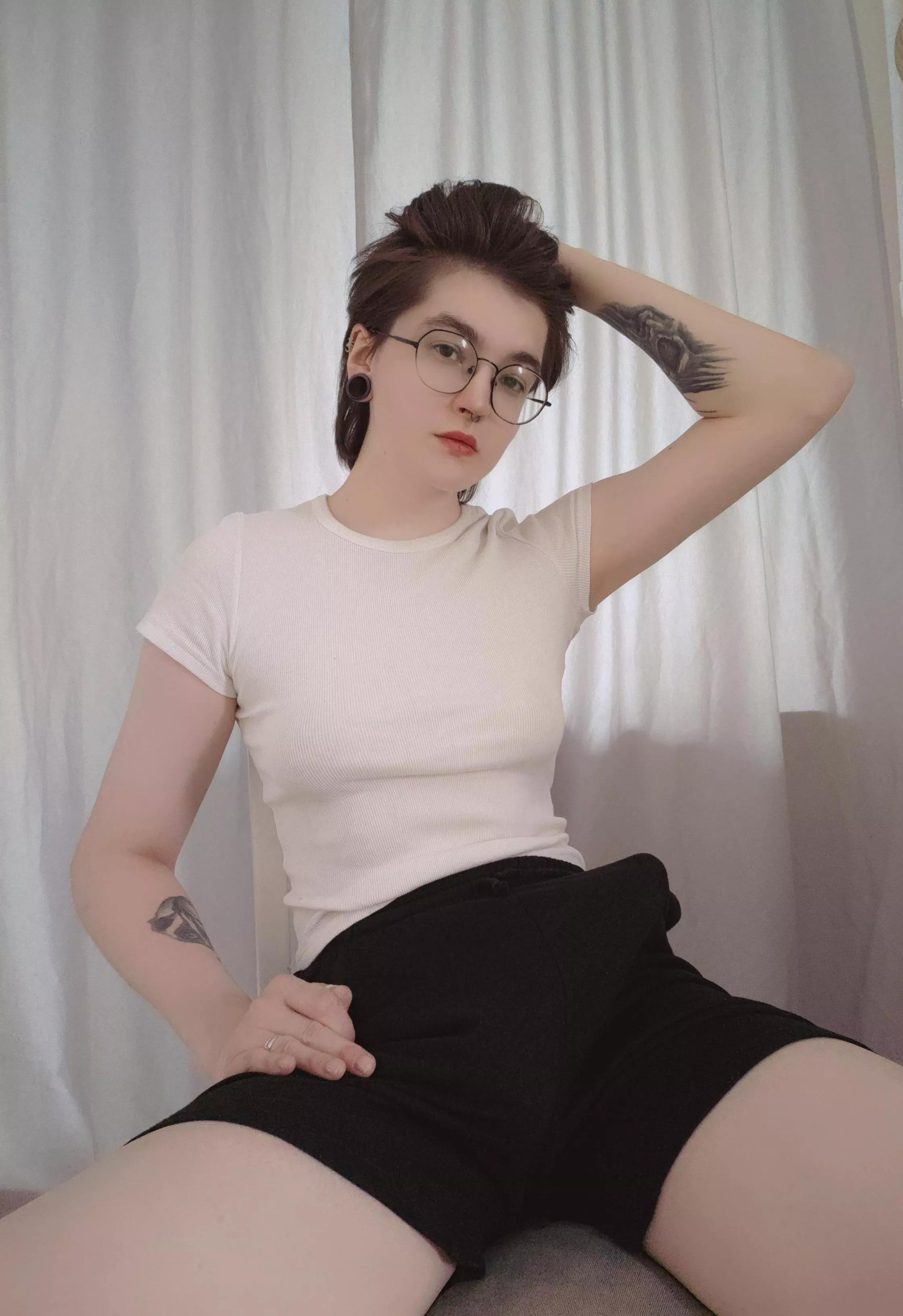 Kneel between my legs and I'll unbutton my shorts